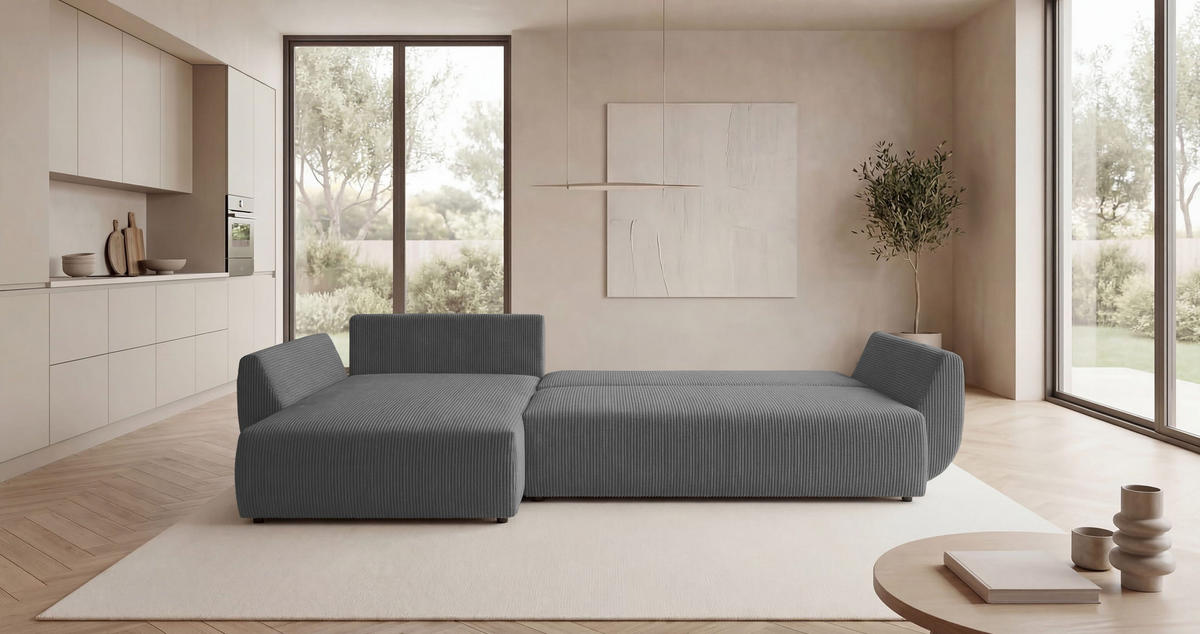 ECKSOFA SYDNEY links grau Cord Poso 55 - Schlaffunktion, Bettkasten - Grau, Textil (280/174cm) - Cornero