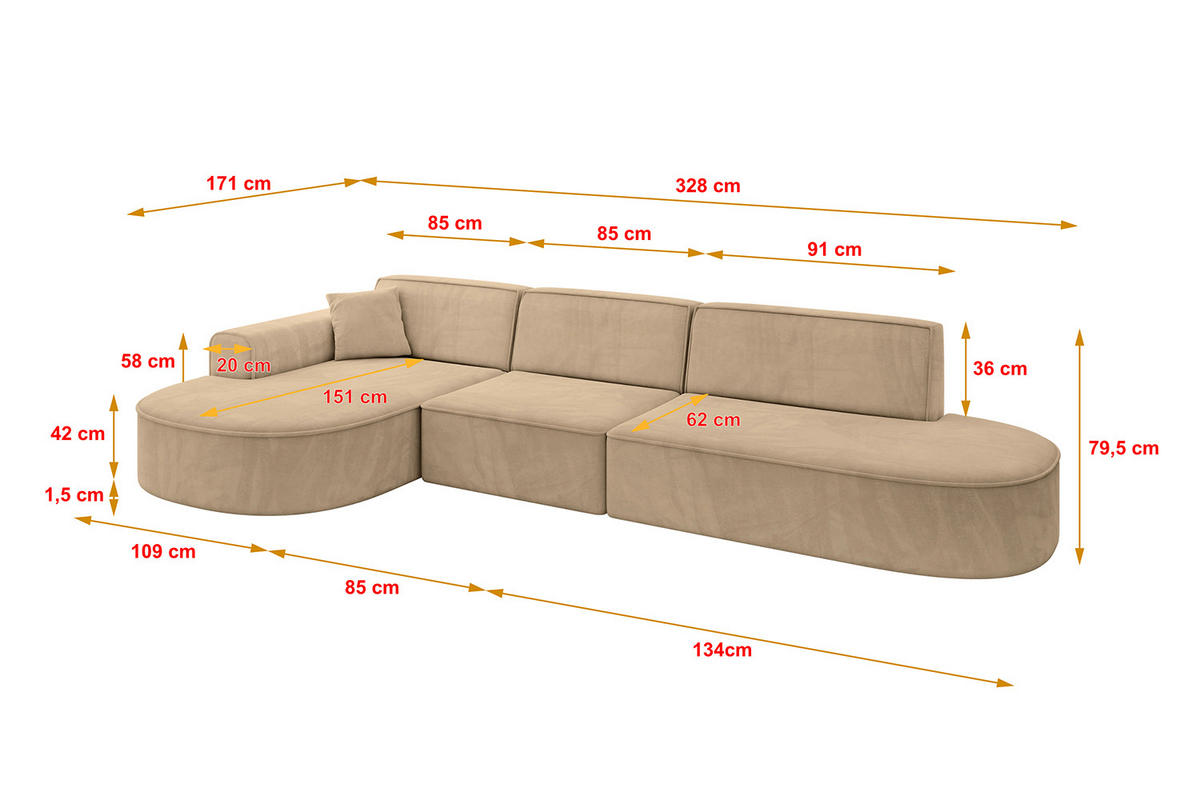 ECKSOFA Ottomane Links MARI-L2 - 328x171x79 cm Taupe Velours - Taupe/Schwarz, Holzwerkstoff/Kunststoff (328/171cm) - ALTDECOR