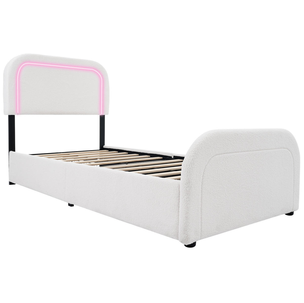 POLSTERBETT 90/200 cm aus Sherpa mit USB-C, LED-Beleuchtung, 2 Schubladen und Matratze, Weiß - Weiß, Textil (90/200cm) - Redom