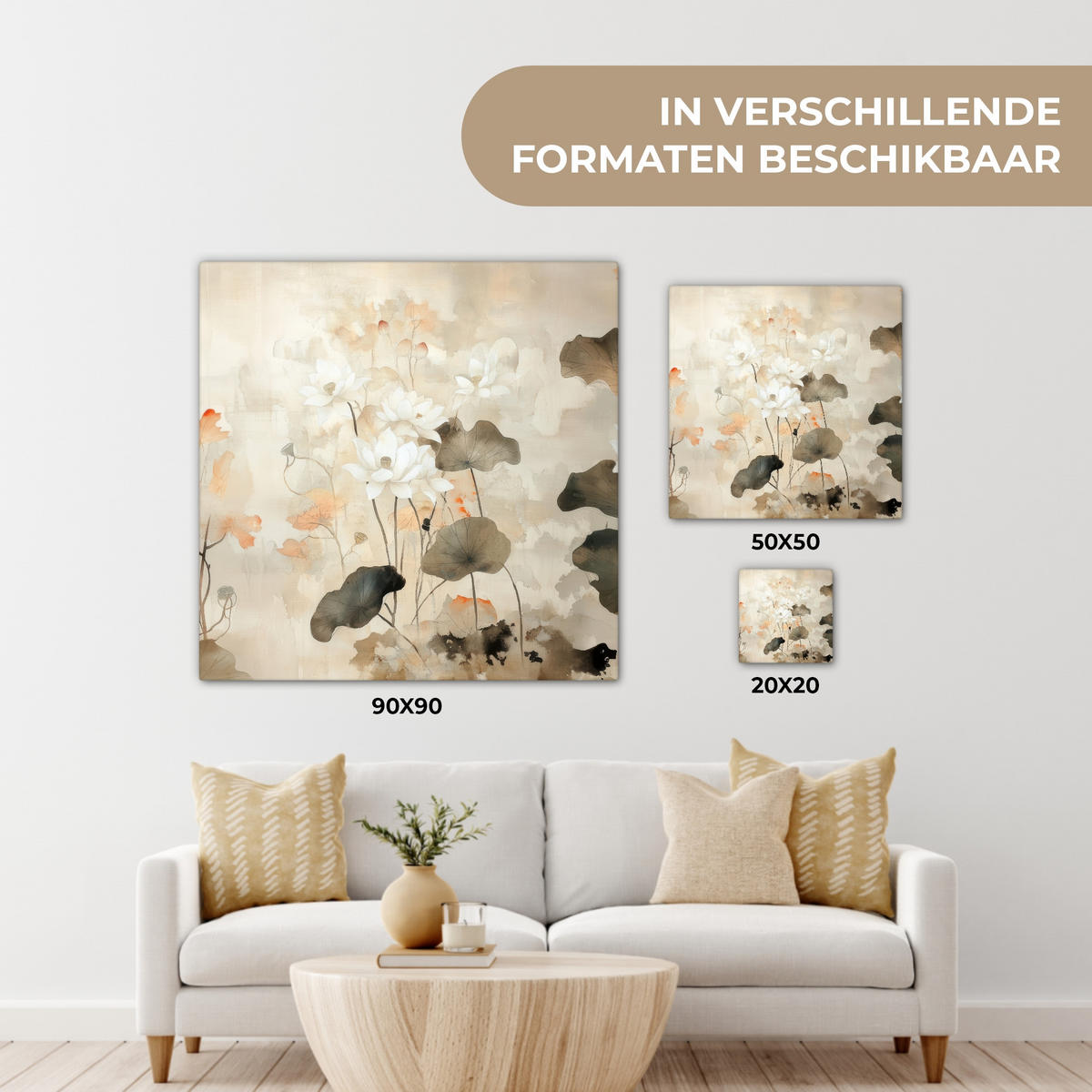 LEINWANDBILD Blumen - Japandi - Wabi sabi Deko Groß 90x90 cm - Sandfarben, Textil (90/90cm) - MuchoWow
