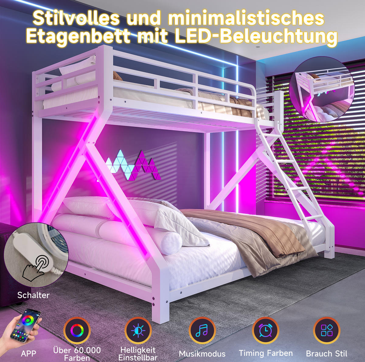 ETAGENBETT aus Metall 90x200/140x200 cm Weiß mit LED-Lichtleiste, Sicherheitsgeländer und Leiter - Weiß, Metall (90/200cm) - Modfu