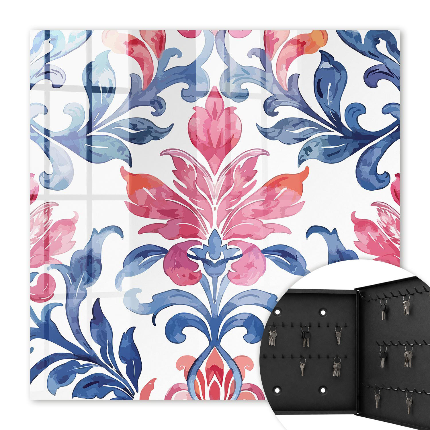 SCHLÜSSELBOX Schwarz 30x30 cm- Türöffnung nach rechts - Bunte Ornamente - Blau, Metall (30/30/5cm) - TULUP