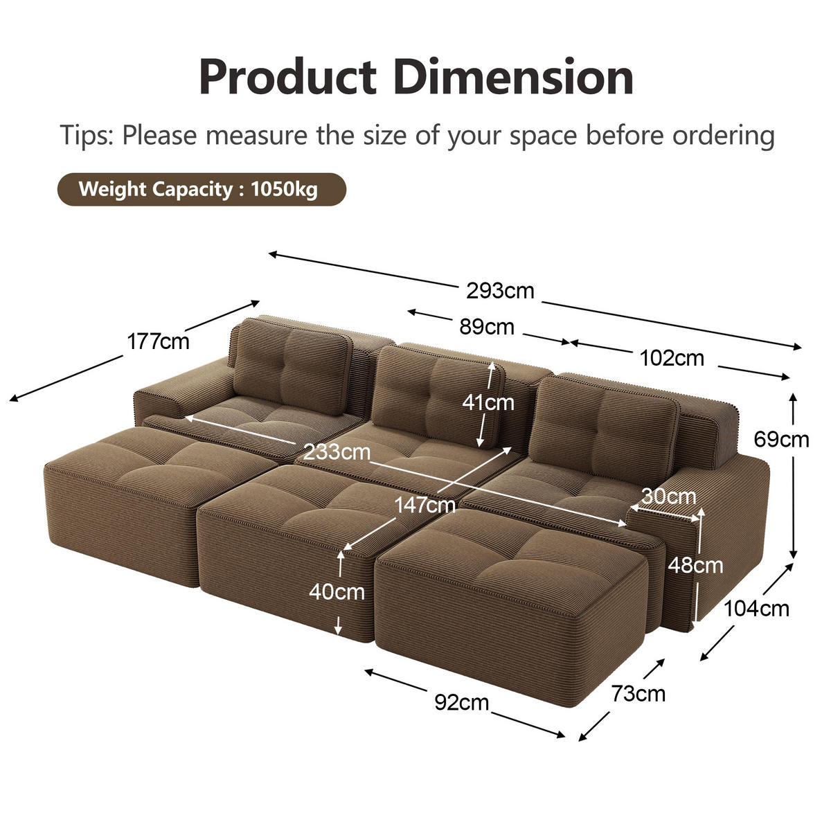 3-SITZER Sofa 293x177x69 cm aus Cordstoff rahmenlos modular mit 3 Hockern, braun - Braun, Textil (177/69/293cm)