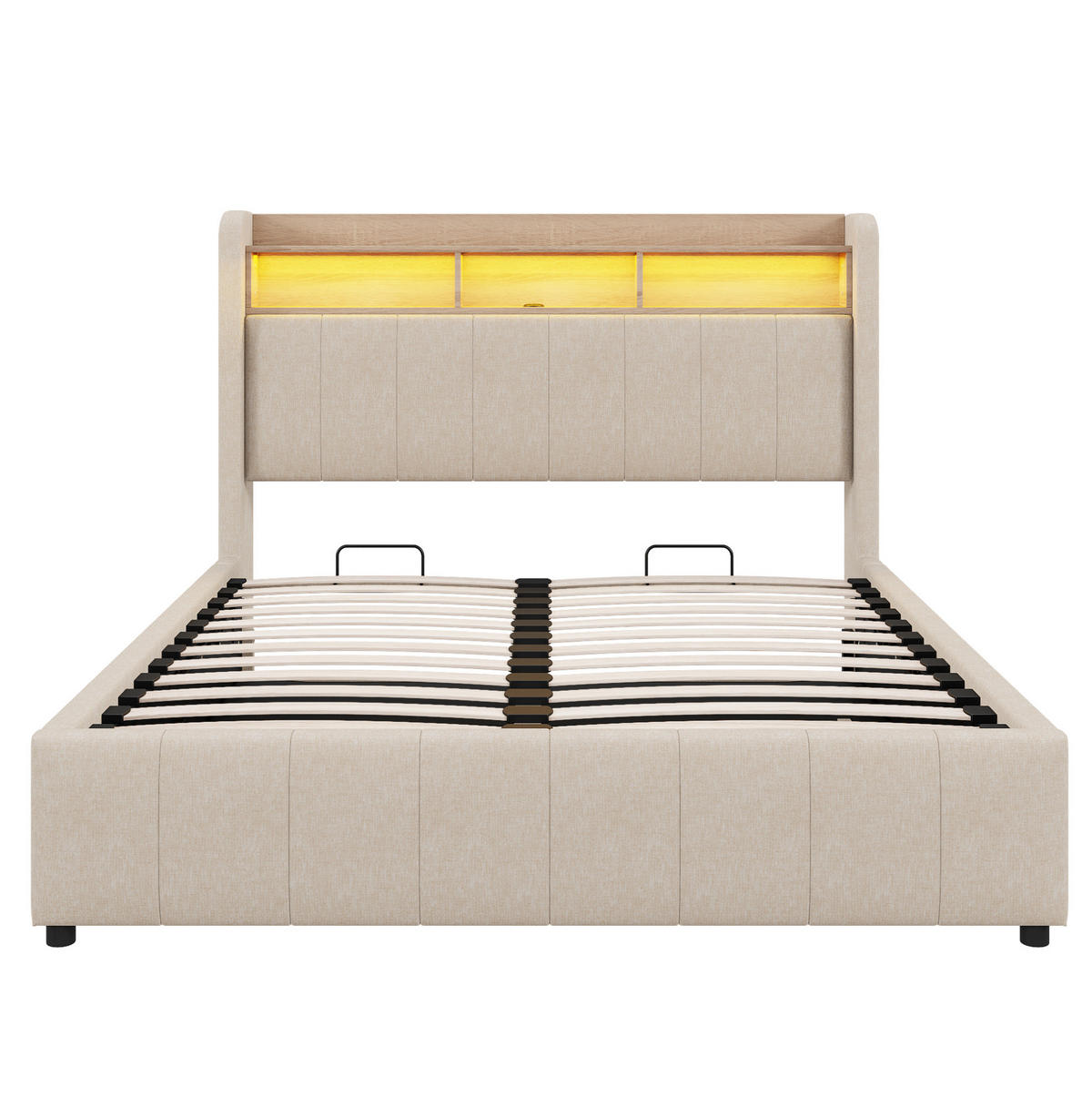 POLSTERBETT 140/200 cm Beige aus Leinenstoff mit LED und Stauraum - Beige, Textil (140/200cm) - OKMYHOME