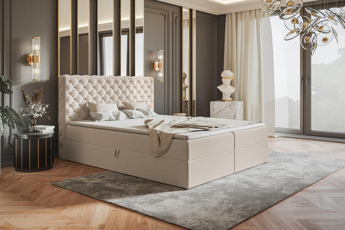 BOXSPRINGBETT 180x200 cm Doro mit Bettkasten, Matratze, Topper, Beige - Beige, Holz/Textil (180/200cm) - Emporius