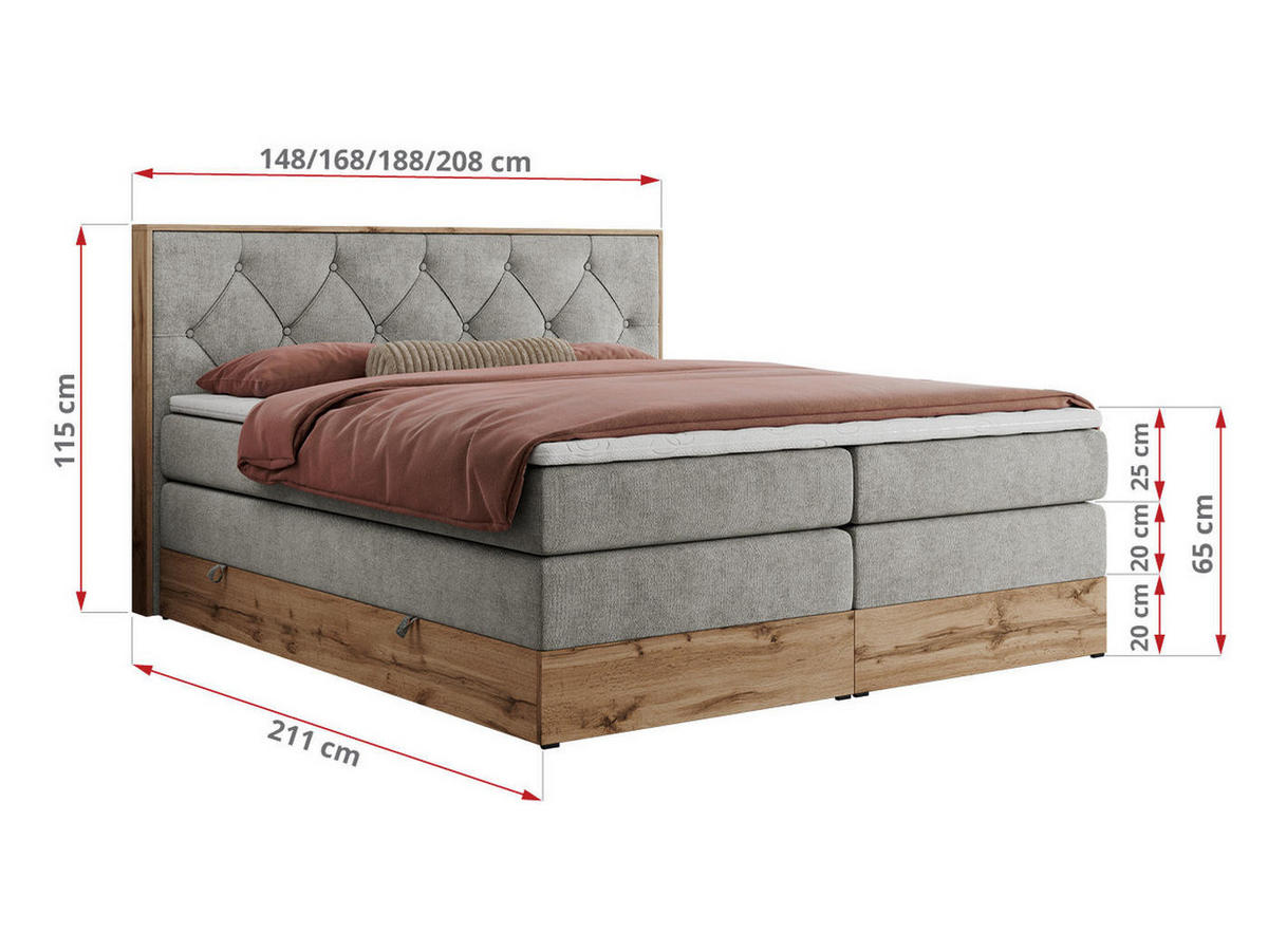 BOXSPRINGBETT VENETO KING 180/200 Hellgrau Struktur - H4 - Hellgrau, Holz/Textil (180/200cm) - MKS