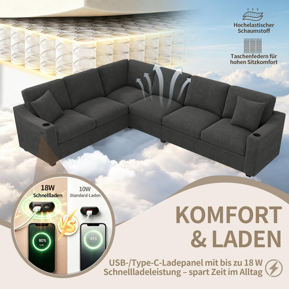 ECKSOFA 277/215/85 cm Grau mit USB/Type-C-Schnellladeanschluss und 2 Getränkehaltern - Grau, Textil (277/215cm) - Oxeza