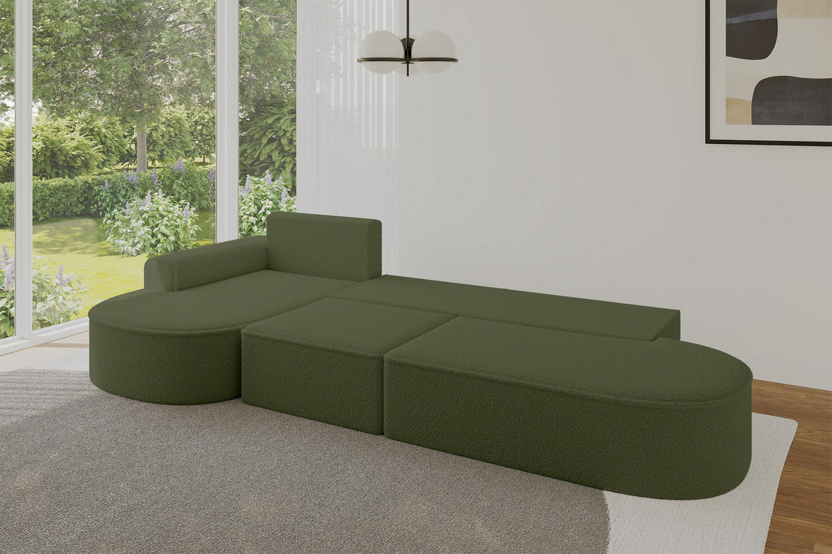 ECKSOFA mit Schlaffunktion Ottomane Links MARI L2-S 368X167X85 Grün Bouclé - Schwarz/Grün, Holzwerkstoff/Kunststoff (368/167cm) - ALTDECOR
