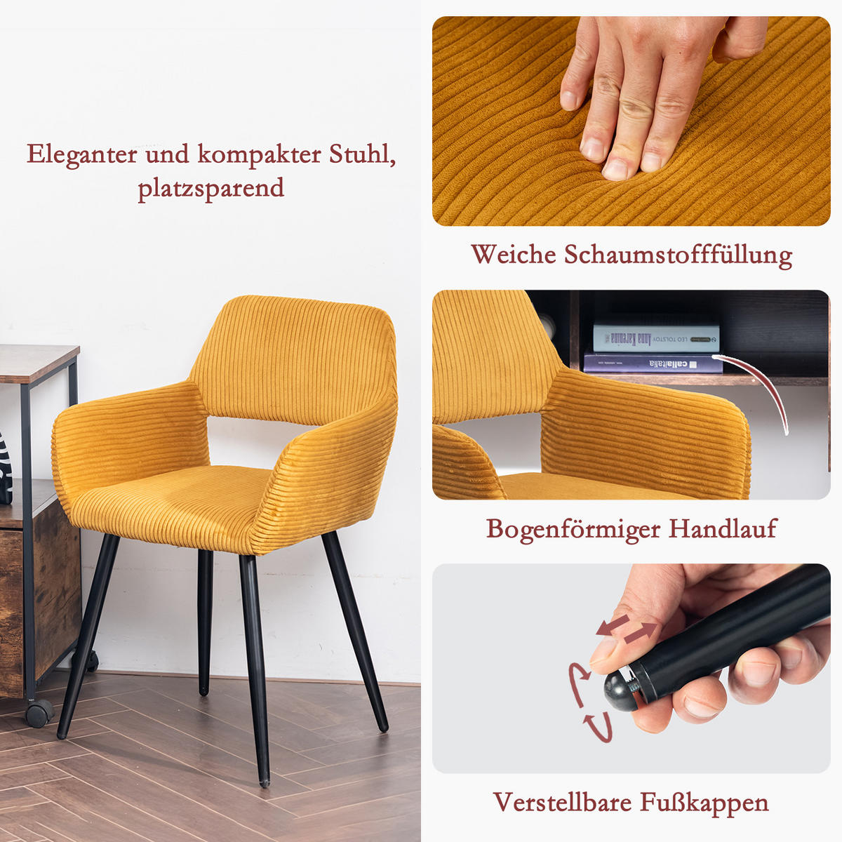 ESSZIMMERSTÜHLE 6er-Set, gepolstert aus Cord, mit Metallbeinen, Gelb - Gelb, Textil/Metall (56/78/56cm) - Meubles Cosy