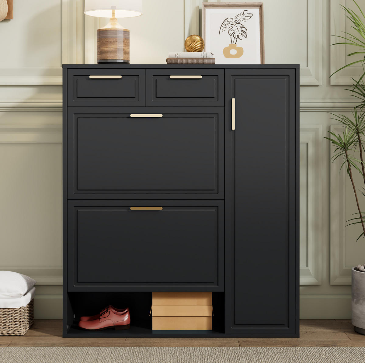 SCHUHSCHRANK 95/107/24 cm Schwarz aus Spanplatte mit verstellbaren Regalböden - Schwarz, Holzwerkstoff (95/107/24cm) - OKMYHOME