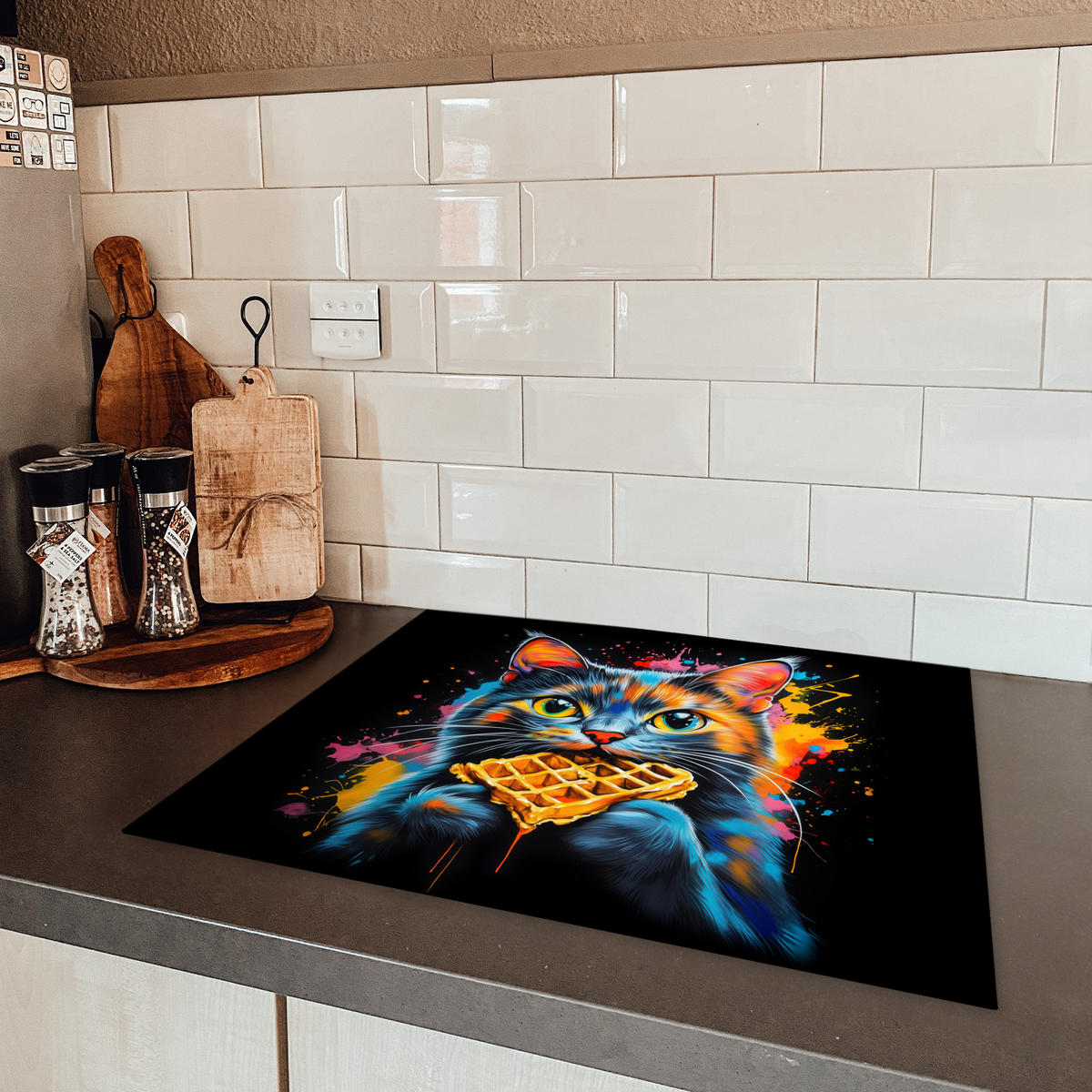 HERDABDECKPLATTE Katze - Graffiti - Bunt - Waffel - Essen Herdabdeckung Induktionsfeld 65x52 cm - Multicolor, Kunststoff (65/52/0.2cm) - MuchoWow