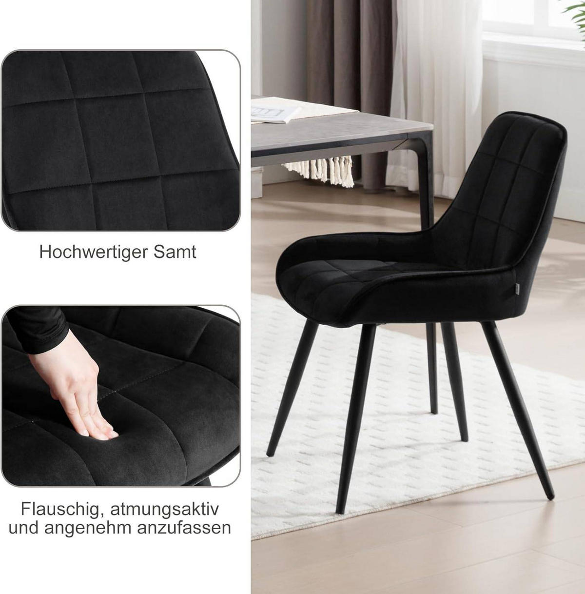 ESSZIMMERSTUHL 2er-Set, Polsterstuhl, Samt, Schwarz - Schwarz, Textil/Metall (52.5/81.5/62cm) - Woltu