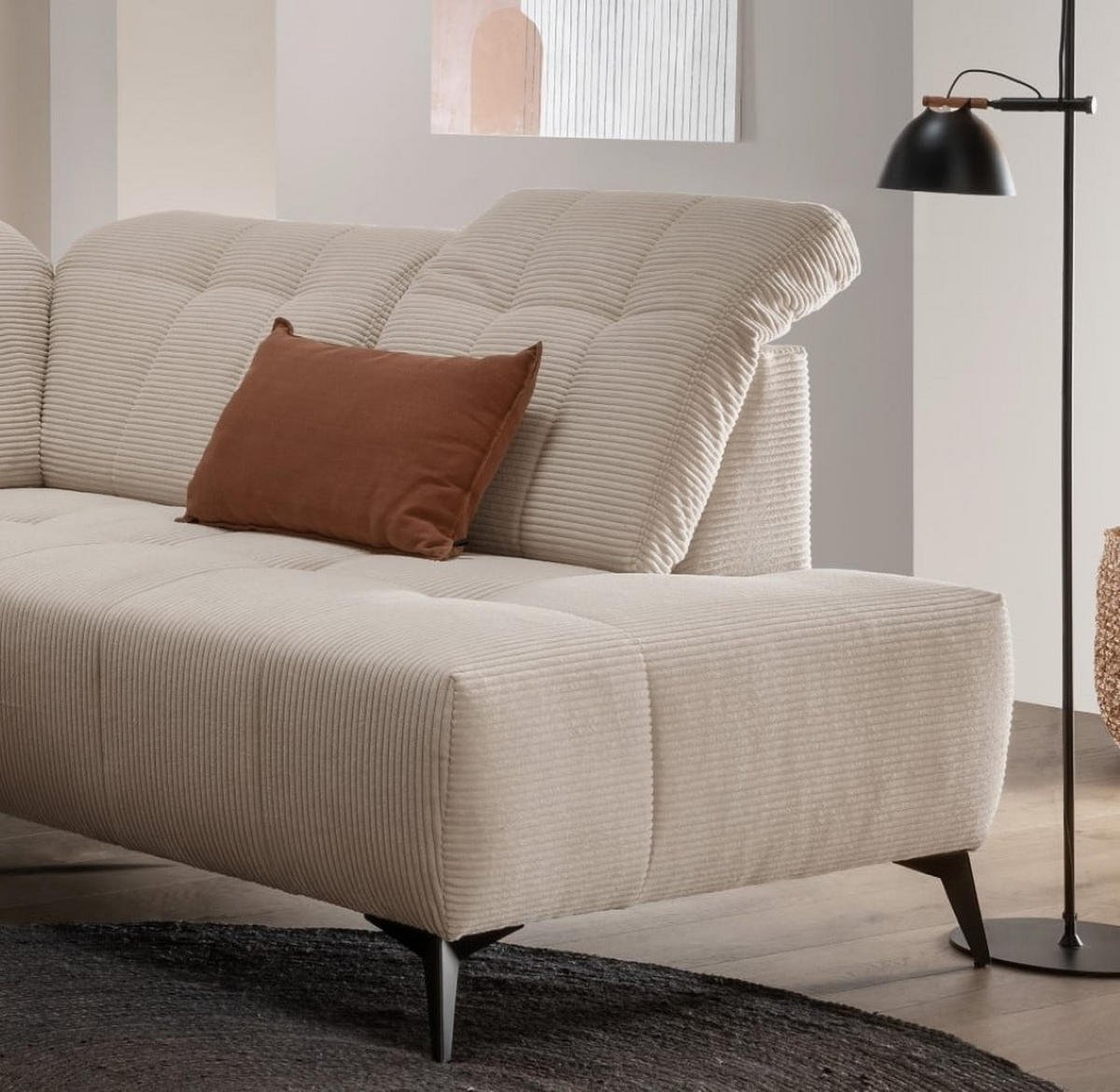 WOHNLANDSCHAFT mit elektrisch verstellbare Relaxfunktion, Cord-Stoff - Beige/Schwarz, Textil/Metall (200/104/337cm) - myHomelando