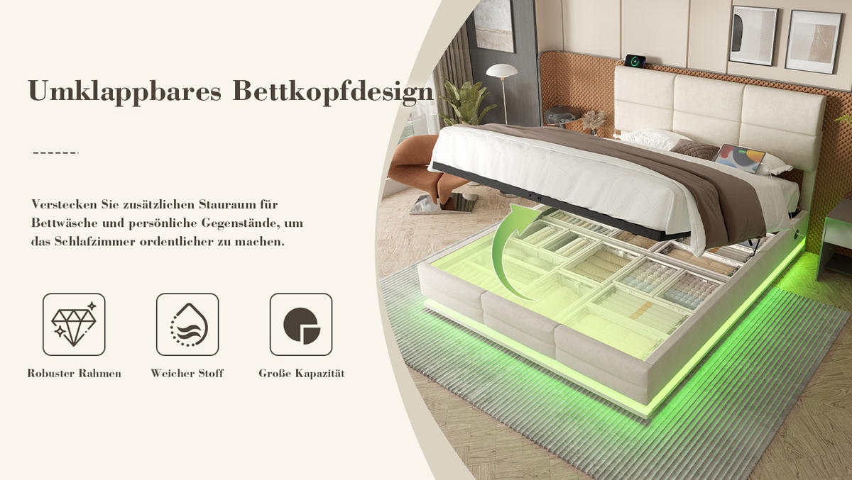 POLSTERBETT 140/200 cm Beige aus Samt mit LED und Stauraum - Beige, Textil (140/200cm) - OKMYHOME