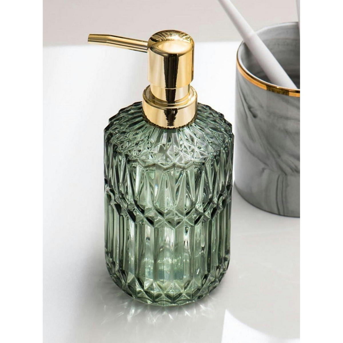 SEIFENSPENDER 2er Set Glas Grün Gold 390ml - Grün, Glas (8/8/22cm)