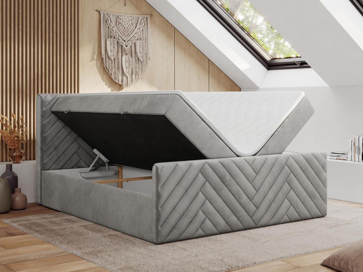 BOXBETT PARIS DUO 140/200 - Hellgrau Velvet - H3 - Hellgrau, Holz/Textil (140/200cm) - MKS