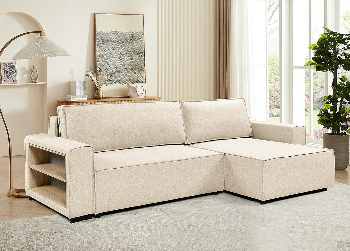 ECKSOFA mit Schlaffunktion - Flachgewebe - Beige/Schwarz, Kunststoff/Textil (284/155cm) - home24