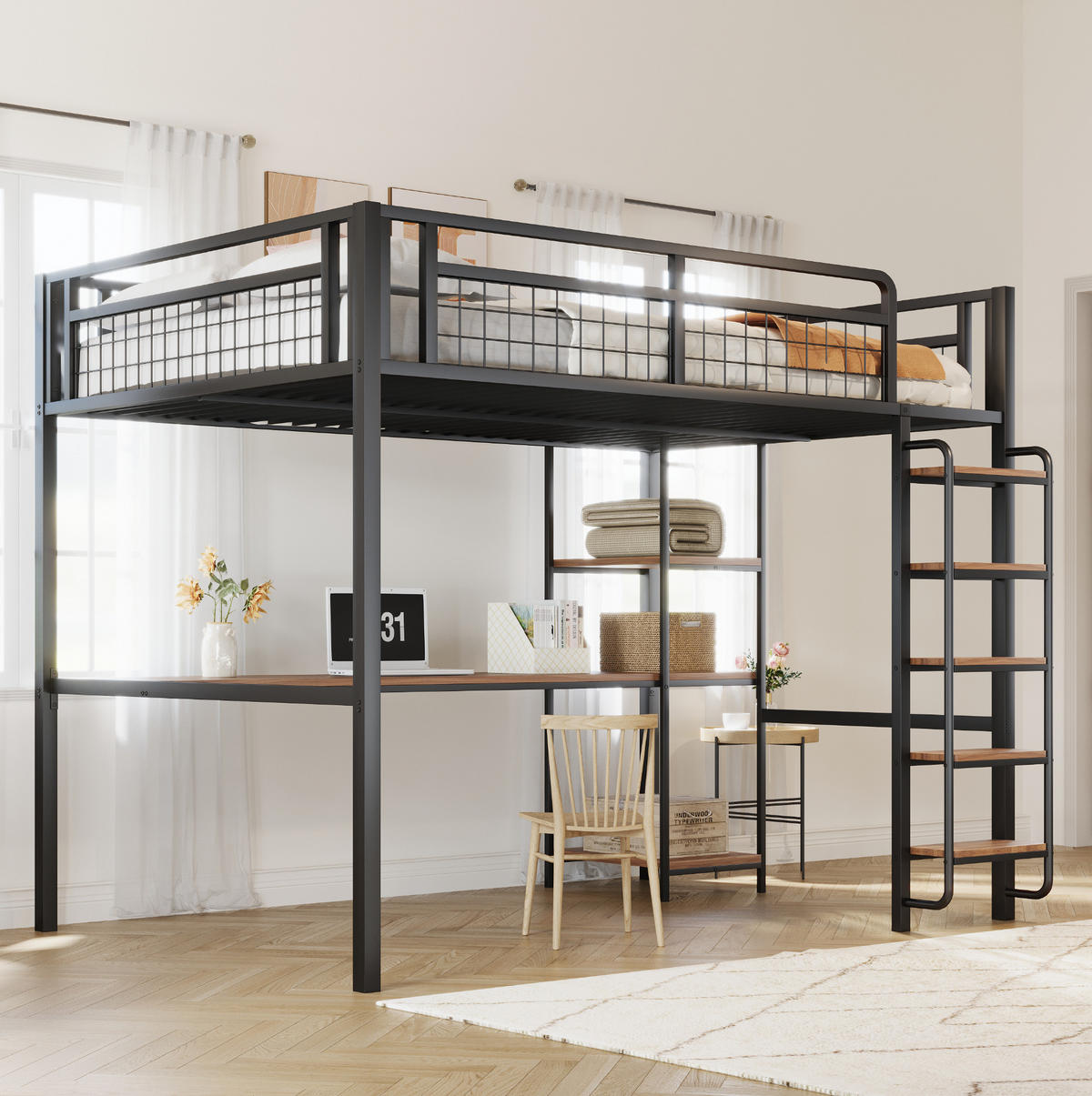 HOCHBETT aus Metall und MDF 140x200 cm Schwarz mit Tisch, Regalen und Sicherheitsleiter - Schwarz, Metall (140/200cm) - IVMEU
