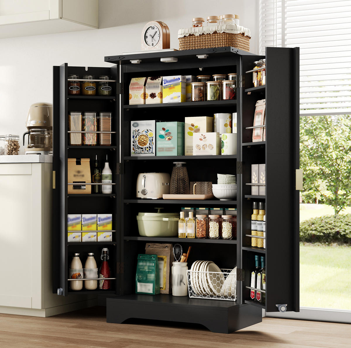 ANRICHTE 120/60,5/40 cm in Schwarz mit LED-Beleuchtung und verstellbaren Böden - Schwarz, Holzwerkstoff (60.5/120/40cm) - Flora Grace