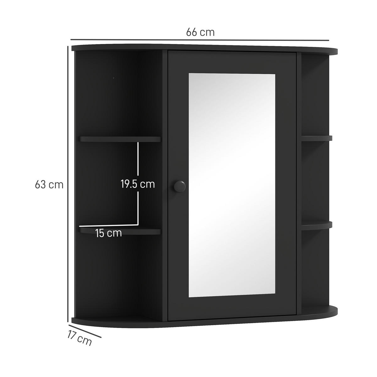 SPIEGELSCHRANK Spiegelschrank mit 6 offenen und 2 geschlossenen Ablagen,66 x 17 x 63 cm ,Schwarz - Schwarz, Glas (66/63/17cm) - Vallsero
