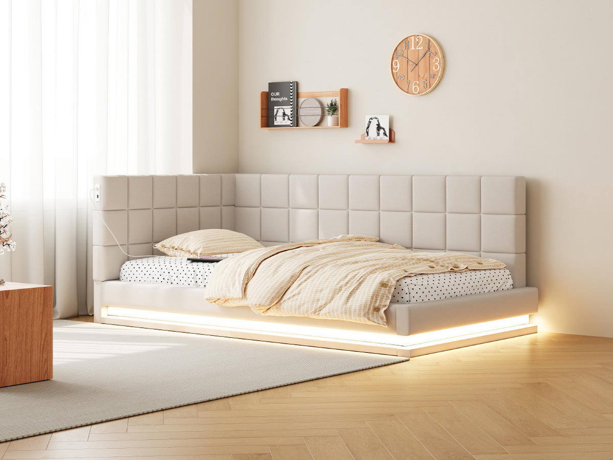 POLSTERBETT 90/200 cm Beige aus Leinen mit LED-Lichtleiste und USB-Steckdose - Beige, Textil (90/200cm) - OKMYHOME
