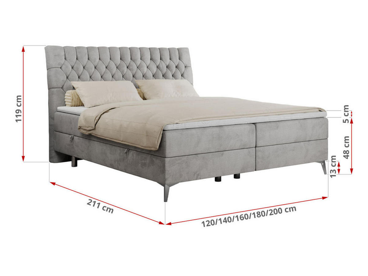 BOXBETT MILEN 200/200 Hellgrau Velvet - H3 - Hellgrau, Holz/Textil (200/200cm) - MKS
