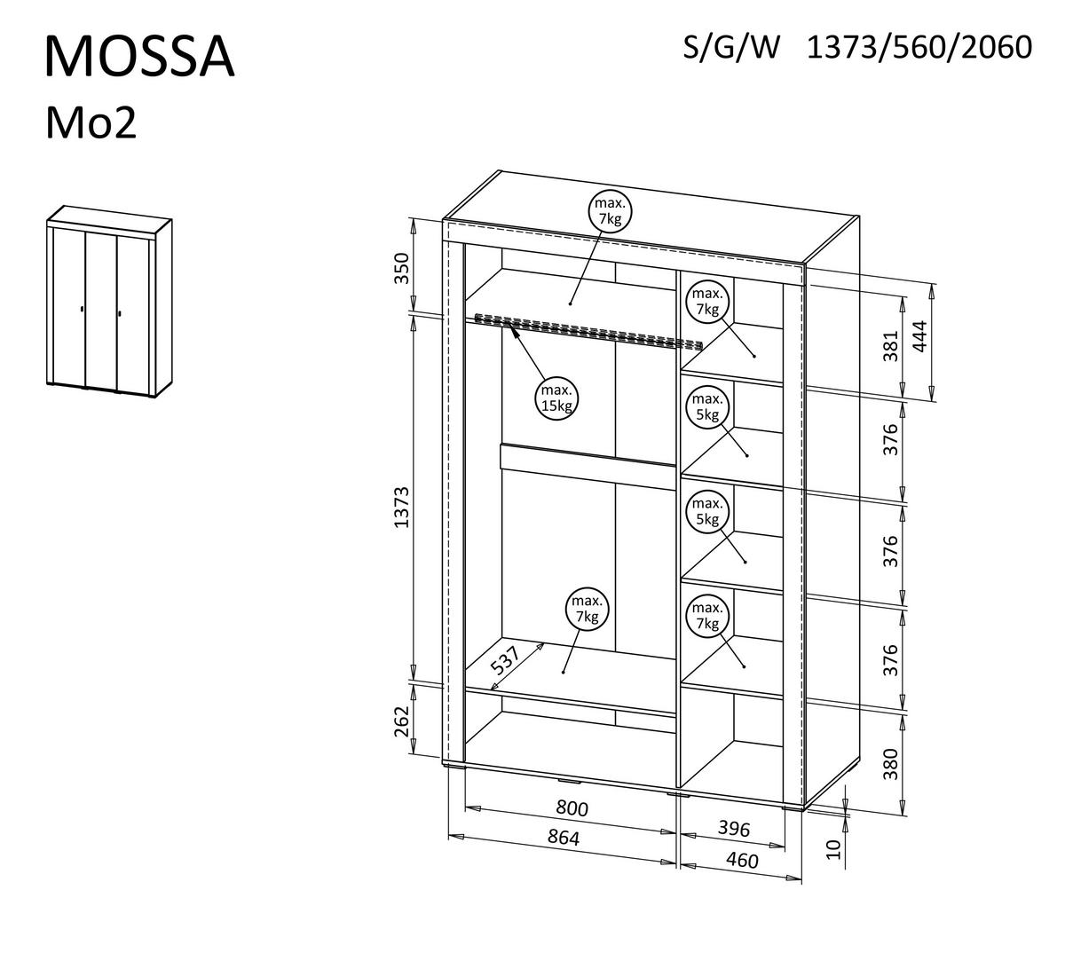KLEIDERSCHRANK Mossa Weiß, Dreitüriger Kippschrank mit Spiegel - Weiß, Holzwerkstoff (137/206/56cm) - Bettso