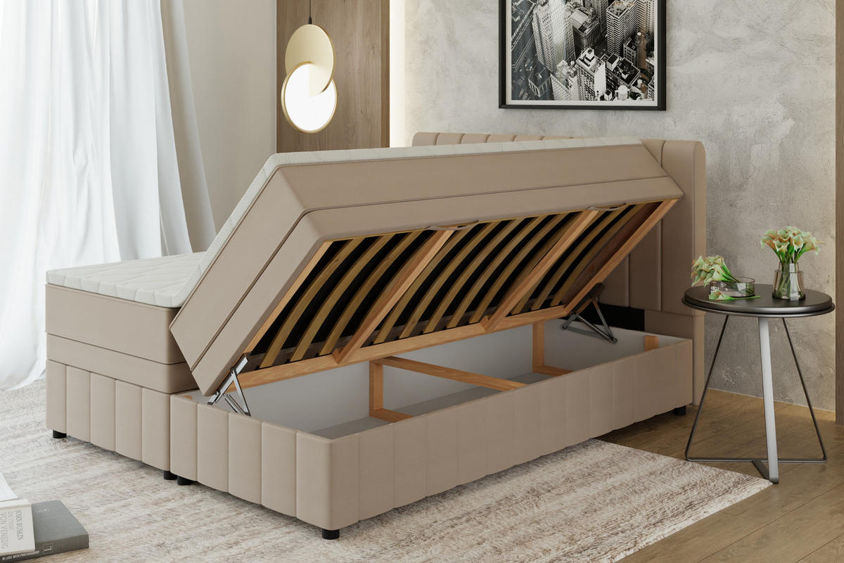 BOXBETT AVALON 160 x 200 cm mit Bettkasten und Topper - Beige - Beige, Holz - Panda Möbel