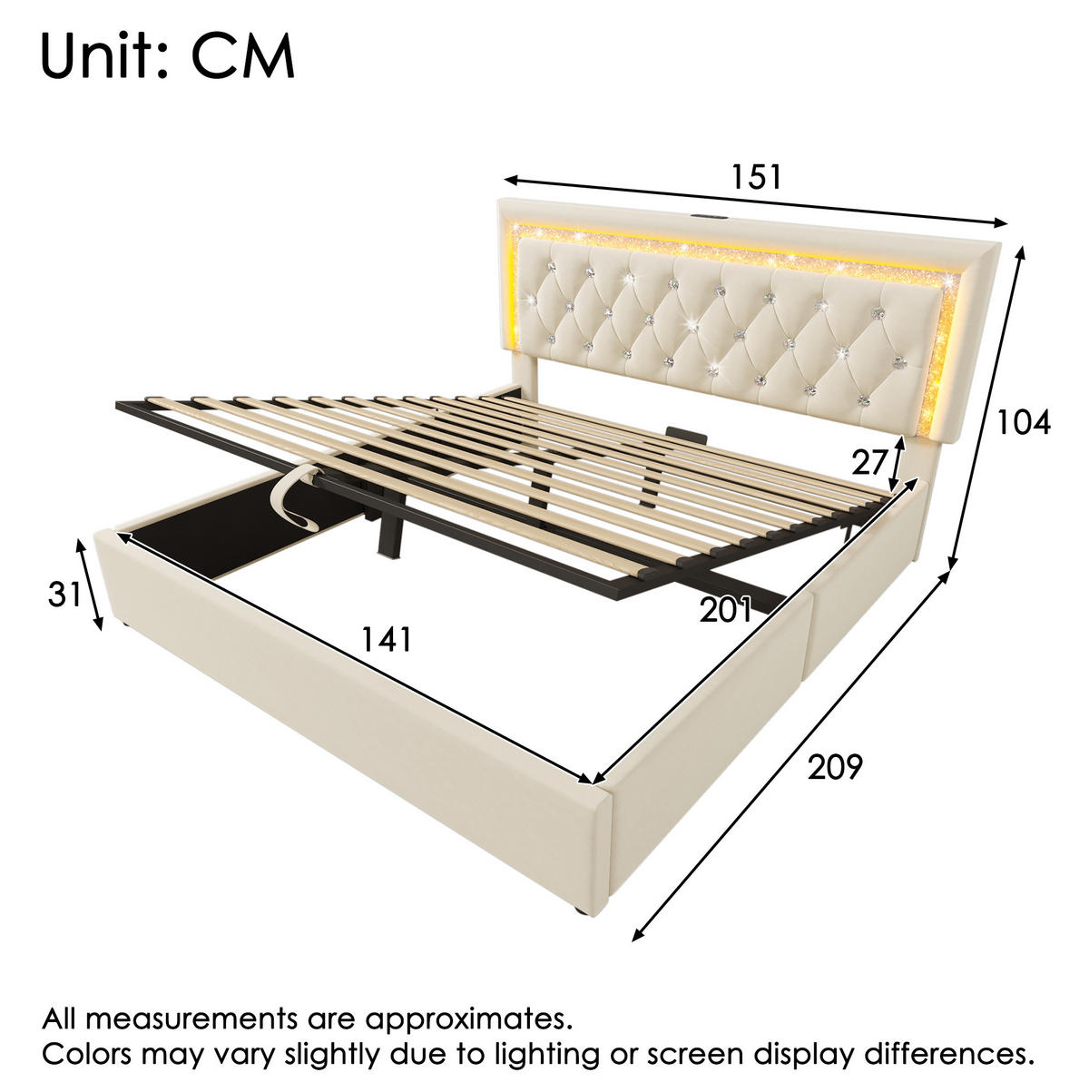 POLSTERBETT 140/200 cm aus Samt mit LED-Kopfteil USB- und Typ-C-Ladestation Stauraum Beige - Beige, Textil (140/200cm) - Modenvie