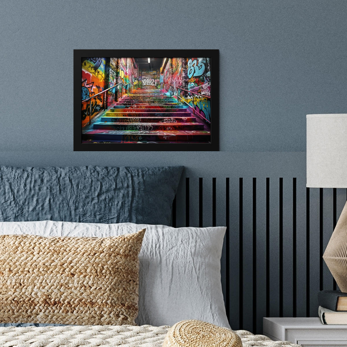 POSTER MIT RAHMEN Treppe - Graffiti - Farben - Kunst 30x20 cm - Multicolor, Papier (30/20cm) - MuchoWow
