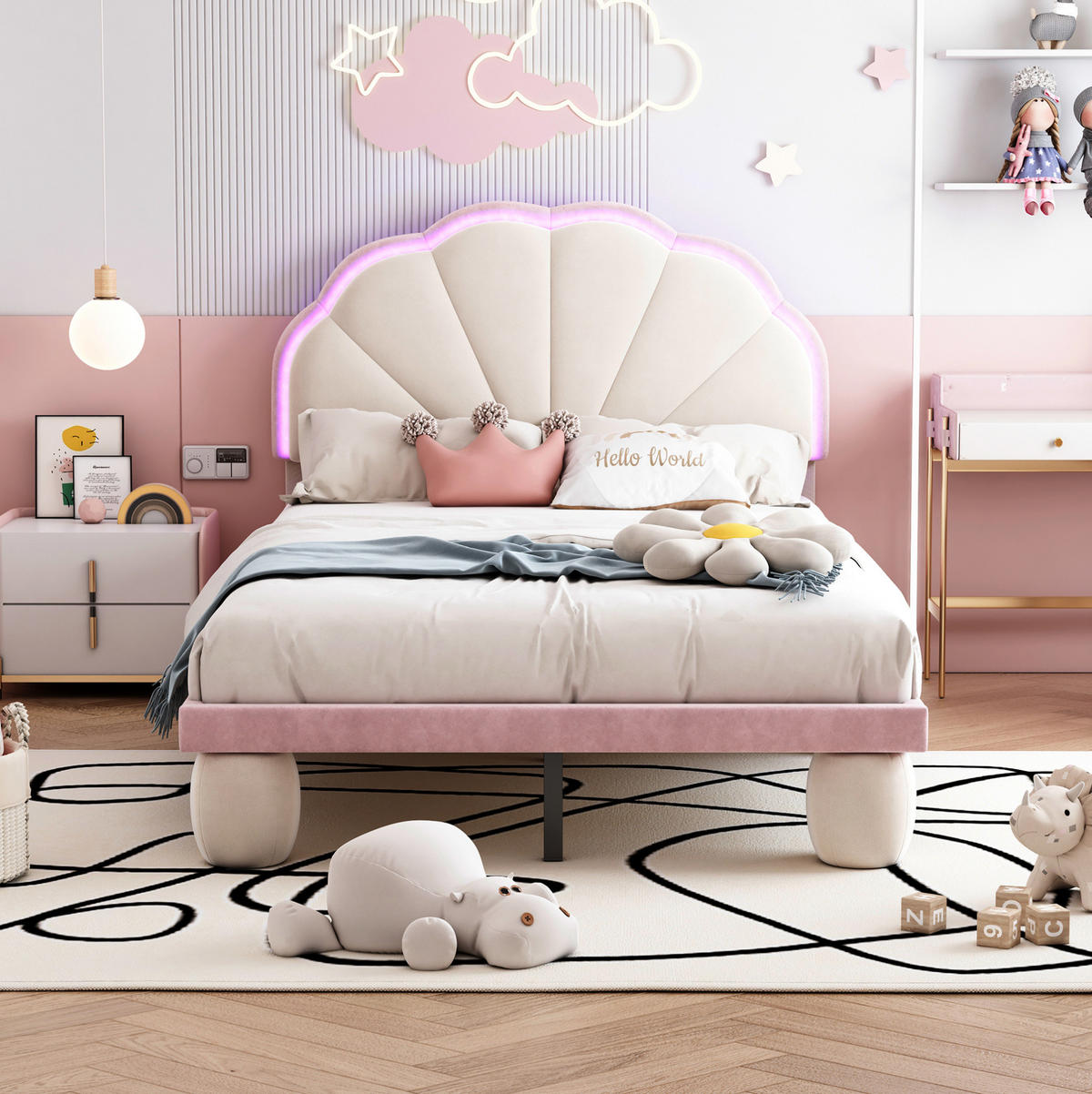 POLSTERBETT 90/200 cm aus Samt mit LED-Lichtstreifen und wellenförmigem Kopfteil Beige/Rosa - Weiß, Textil (90/200cm) - Modenvie