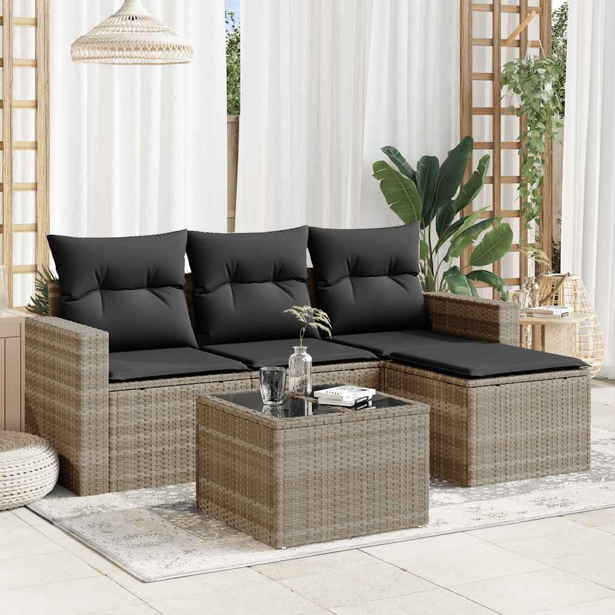 GARTEN-SOFAGARNITUR 5-TLG. Mit Kissen Hellgrau Poly Rattan - Grau, Kunststoff - vidaXL