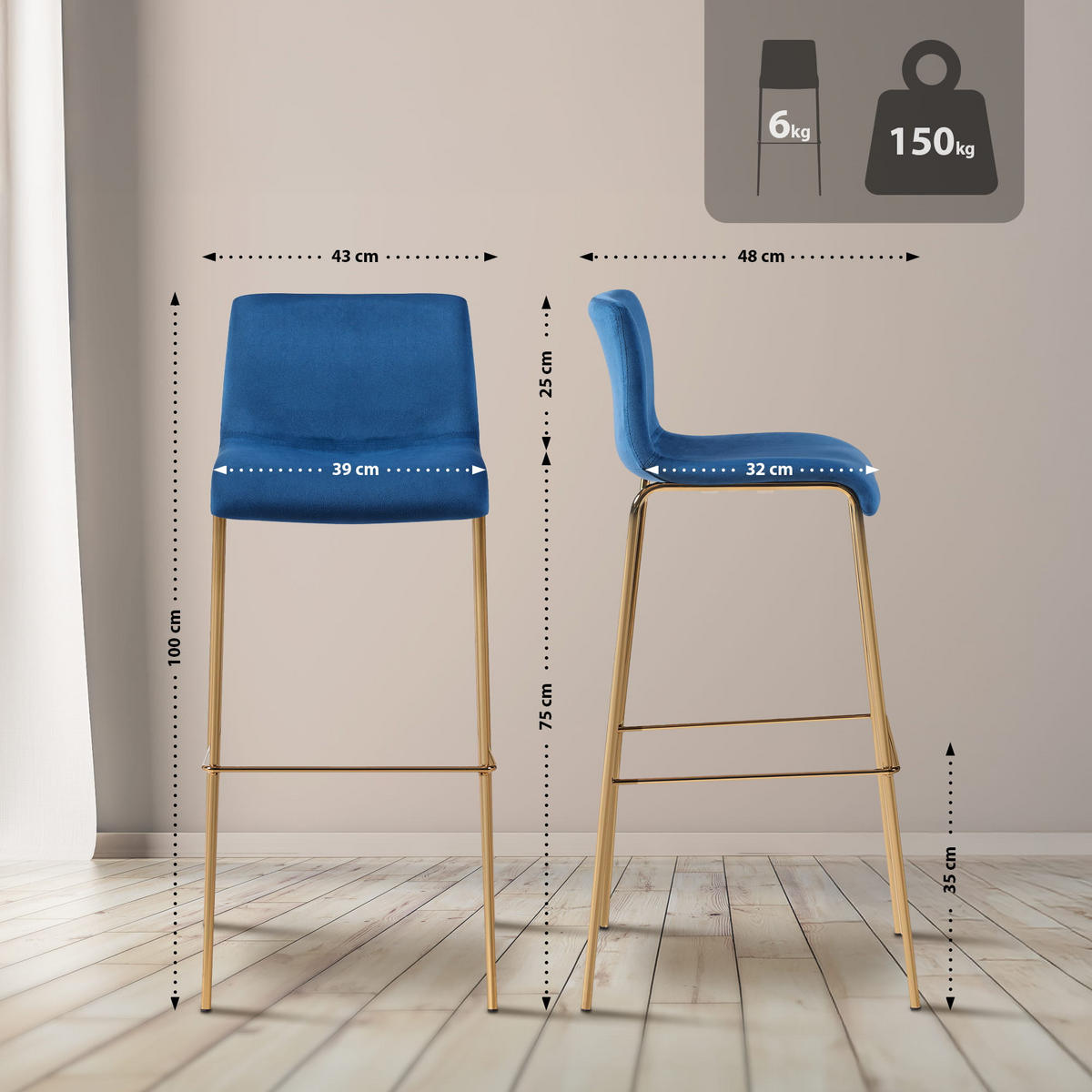 BARHOCKER Samt Blau - Blau/Goldfarben, Textil/Metall (43/100/48cm) - CLP