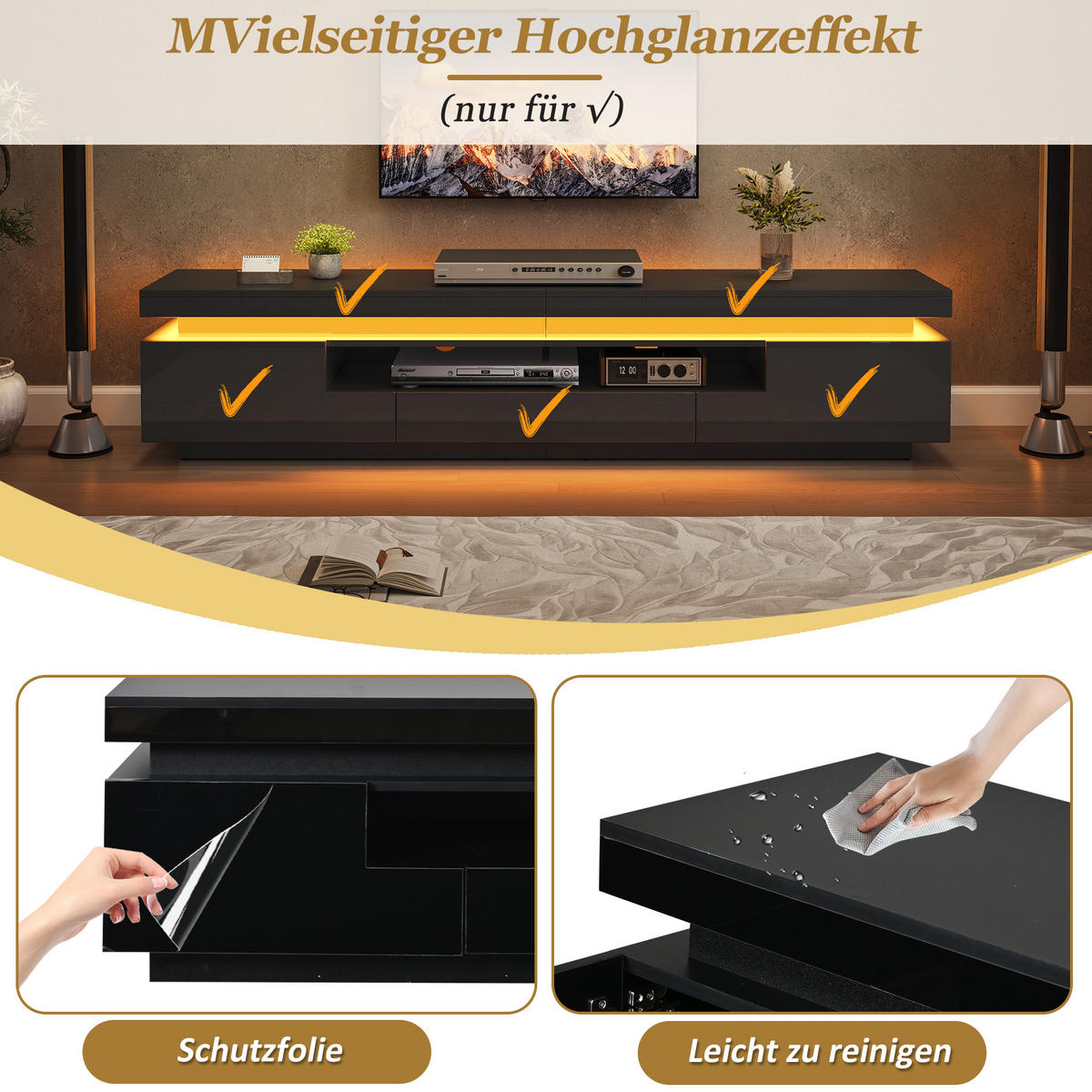 TV-SCHRANK schwarz aus Spanplatte mit Hochglanzfront und App-gesteuerter USB-LED 175 × 38 × 45 cm - Schwarz, Holzwerkstoff (175/45/38cm) - Luhomfu