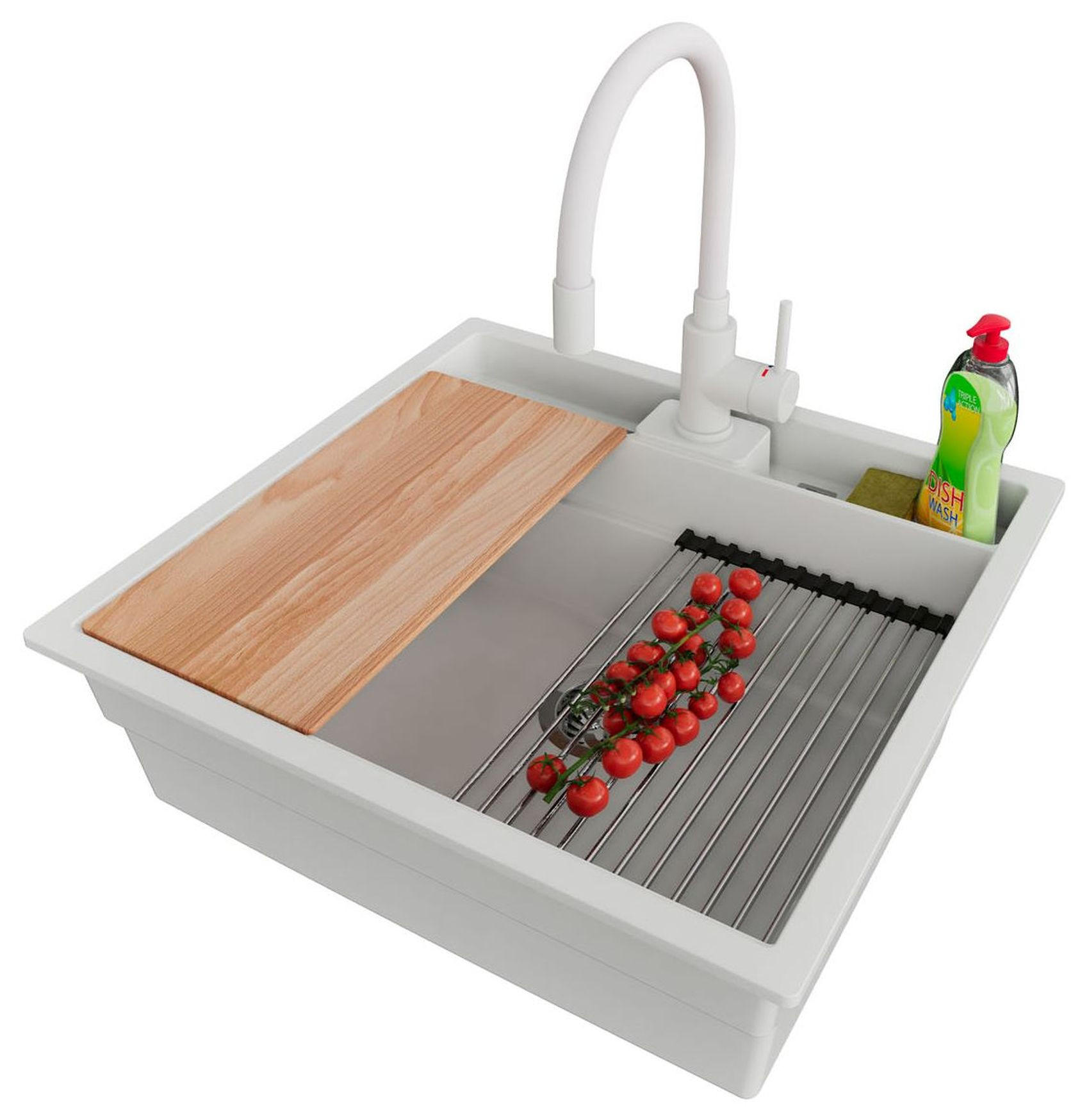 UNTERBAUSPÜLE GRANIT Bergen Pocket, 2-er set Weiß 56/54 cm 1 Becken + Küchenarmatur 38/14 cm + Ablauf-Set + Küchenzubehörset ab 60er Unterschrank - Chromfarben/Beige, Kunststoff (56/20/54cm) - Primagran