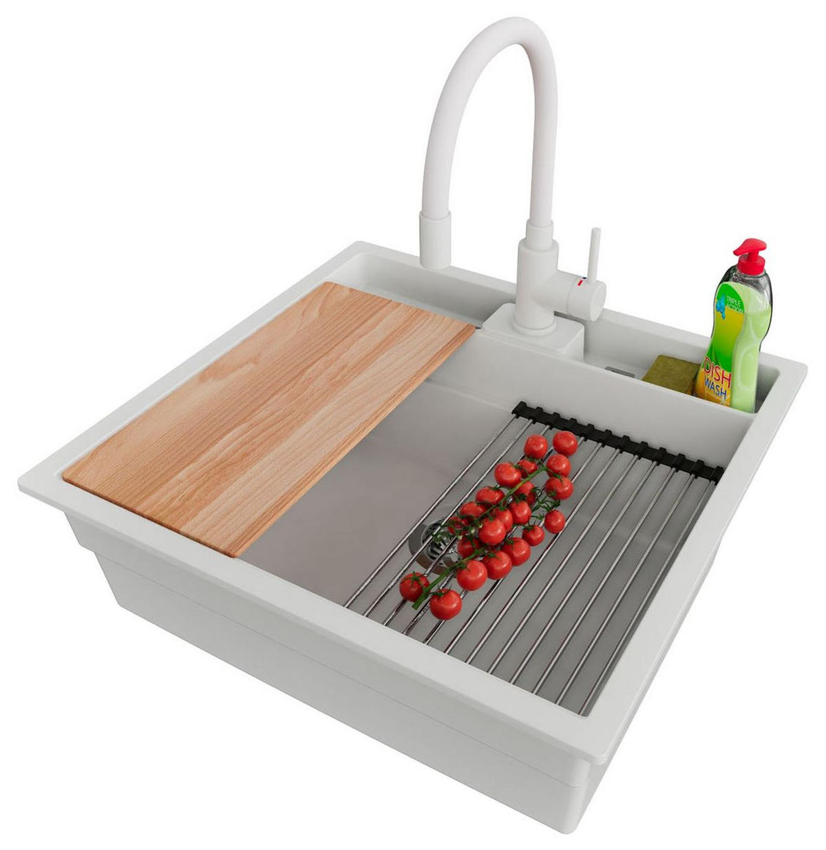 UNTERBAUSPÜLE GRANIT Bergen Pocket, 2-er set Weiß 56/54 cm 1 Becken + Küchenarmatur 38/14 cm + Ablauf-Set + Küchenzubehörset ab 60er Unterschrank - Chromfarben/Beige, Kunststoff (56/20/54cm) - Primagran