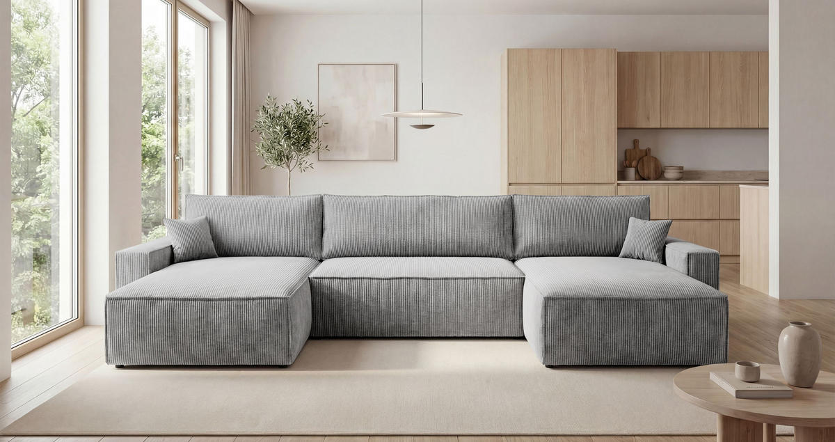 SEDACÍ souprava VIENNA tvar U šedá manšestr Poso 55 - funkce spaní, úložný prostor - šedá, textil (385/86/185cm) - Cornero