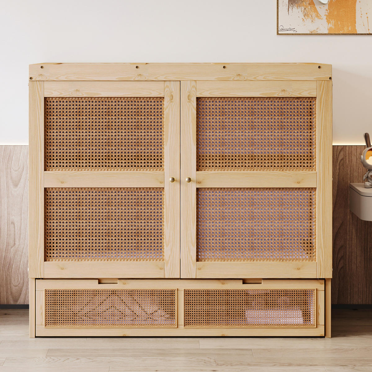 SCHRANKBETT 140/200 cm Natur Schrankbett mit Stauraumschubladen und Rattan-Design - Naturfarben, Holzwerkstoff (140/200cm) - OKWISH