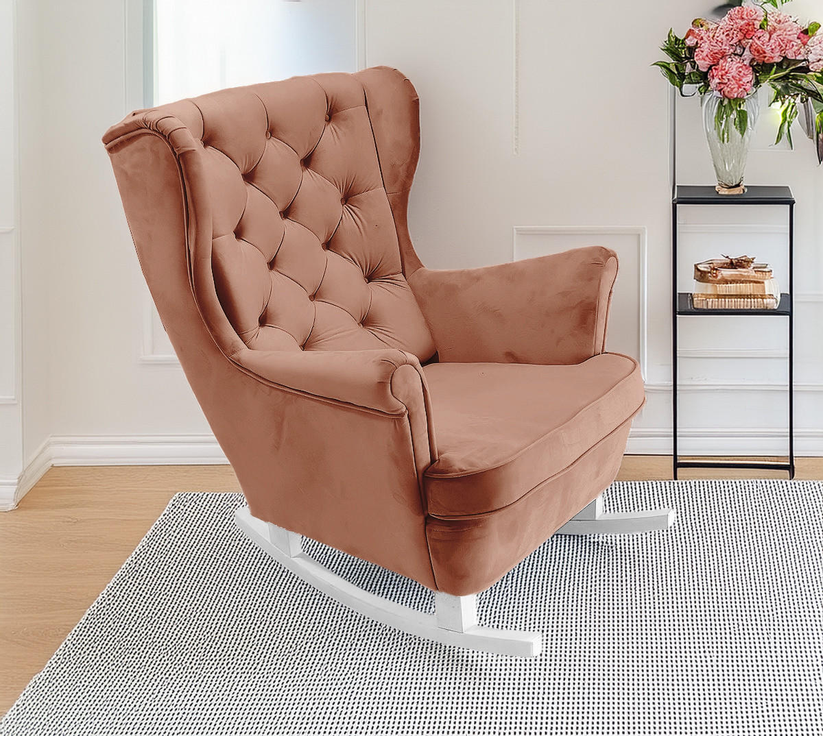 SCHAUKELSESSEL mit gepolstertem Sitz und Armlehnen, 102x81x95 cm, Powder Pink_29832 - Pink/Weiß, Holz/Textil (81/102/95cm) - DomoHome