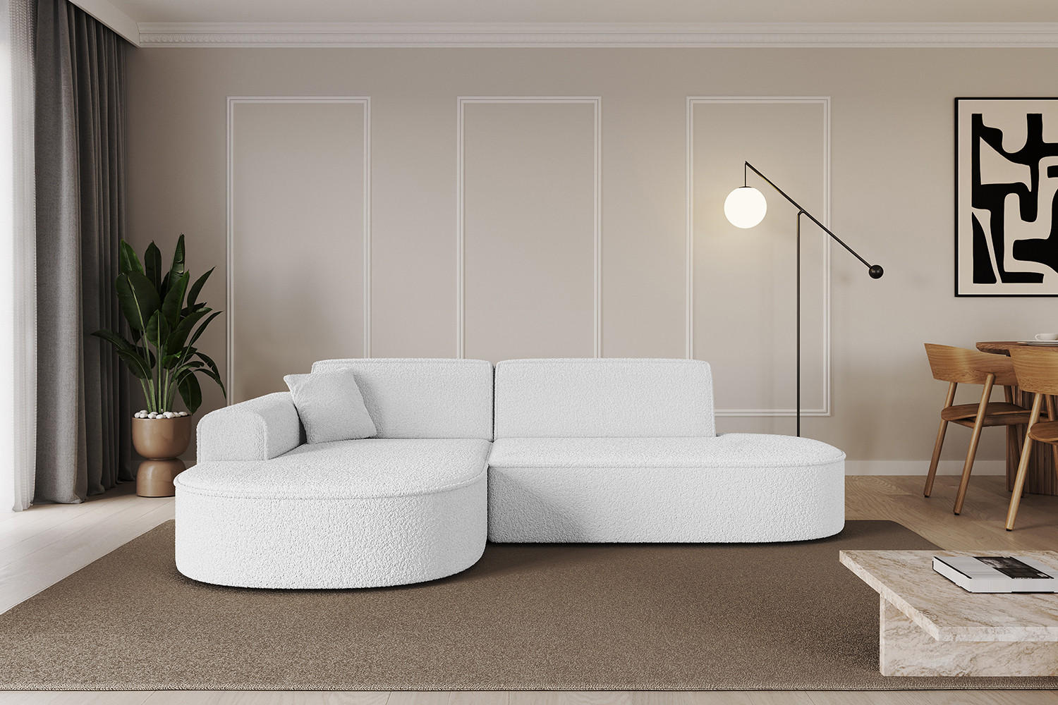 ECKSOFA Ottomane Links MARI-L1 - 232x163x73,5 cm Weiß Bouclé - Schwarz/Weiß, Holzwerkstoff/Kunststoff (163/234cm) - ALTDECOR