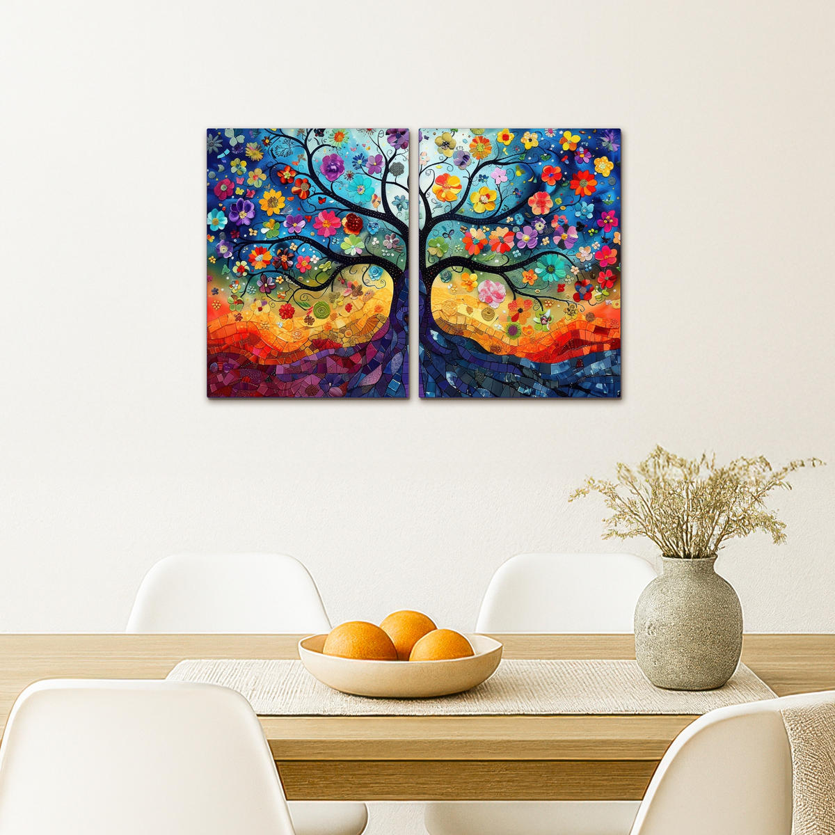 LEINWANDBILD 2er Set Bunt - Baum des Lebens - Blumen - Abstrakt 60x40 cm - Blau, Textil (60/40cm) - MuchoWow