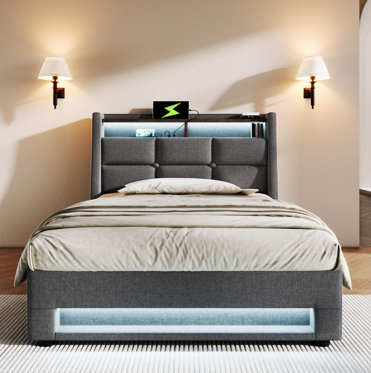 POLSTERBETT 90/200 cm Grau aus Leinen mit LED und USB - Grau, Textil (90/200cm) - OKMYHOME