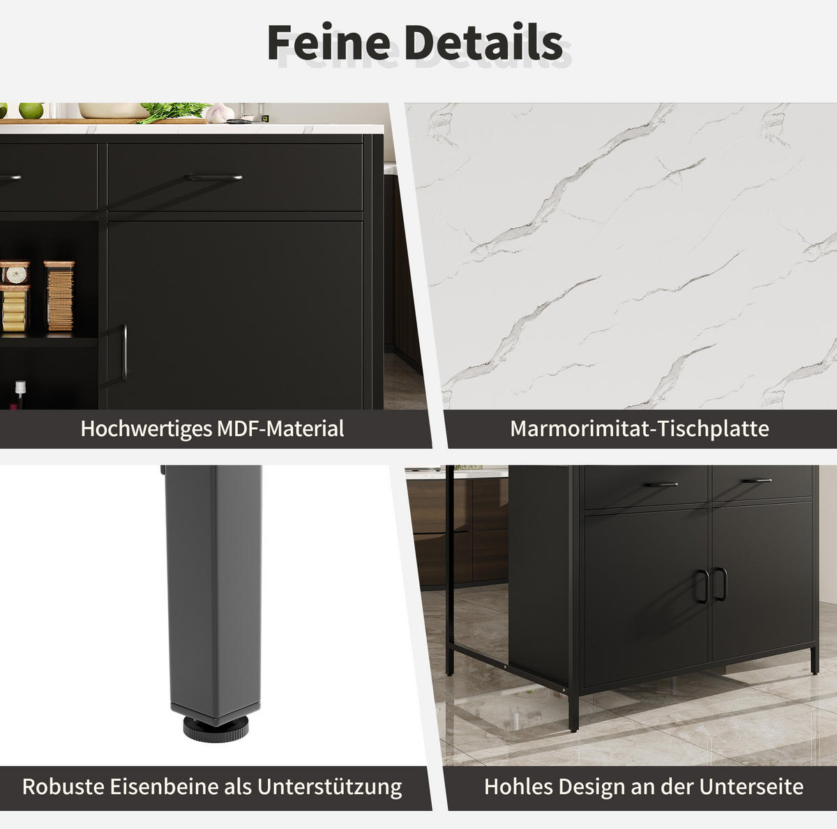 STEHTISCH 100x90x90cm Schwarz Marmoroptik mit 2 Schubladen & Eisenbeinen - Schwarz, Holzwerkstoff (100/90/90cm) - Modfu
