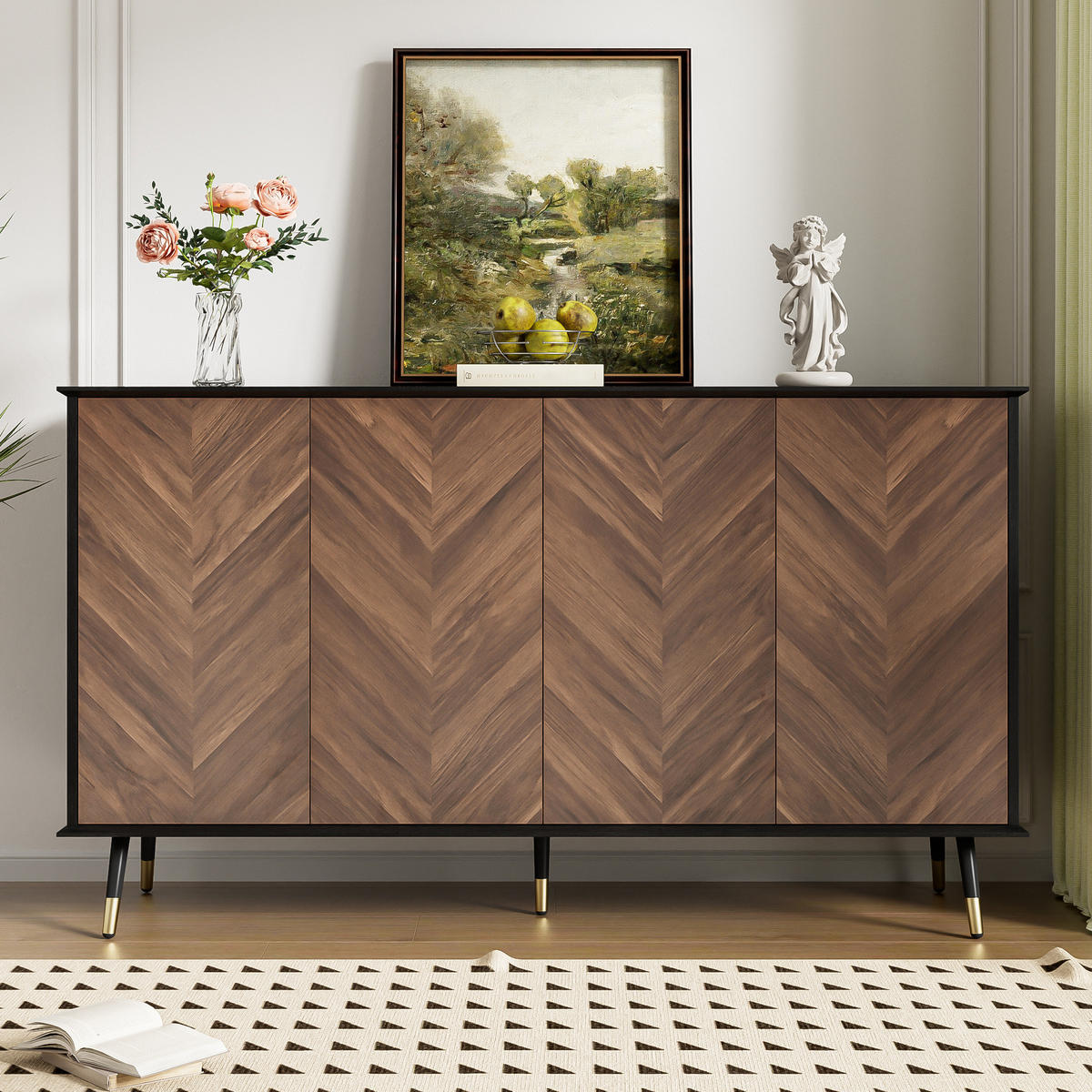 SIDEBOARD 140/40/80 cm mit 4 Türen, höhenverstellbaren Regalböden und Soft-Close, Schwarz/Braun - Schwarz, Holzwerkstoff (140/80/40cm) - Redom