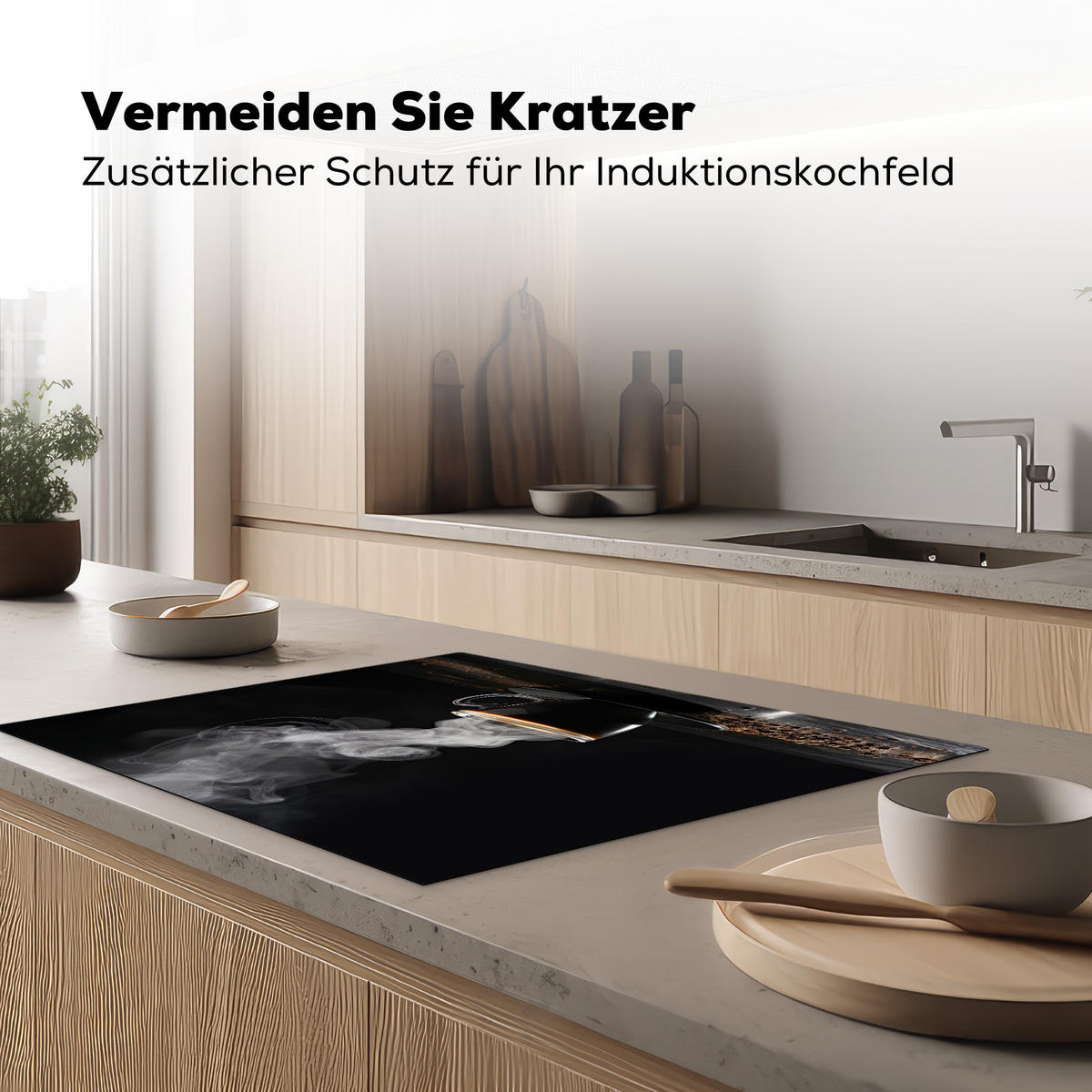 HERDABDECKPLATTE Kaffee - Schwarz - Bohnen - Heiß - Tasse Induktionsmatte 77x59 cm - Schwarz, Kunststoff (77/59/0.2cm) - MuchoWow