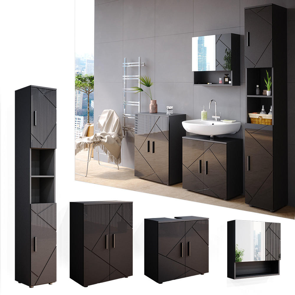 BADMÖBEL-SET Irma Anthrazit Hochglanz 4 Teile mit Hochschrank und Kommode - Anthrazit, Holzwerkstoff (80/58.6/41cm) - Vicco
