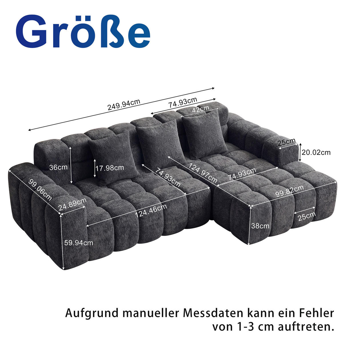 ECKSOFA 250/125/74 cm aus Samtstoff mit Moduldesign, Anthrazitgrau - Anthrazit, Textil (125/250cm) - OKMYHOME