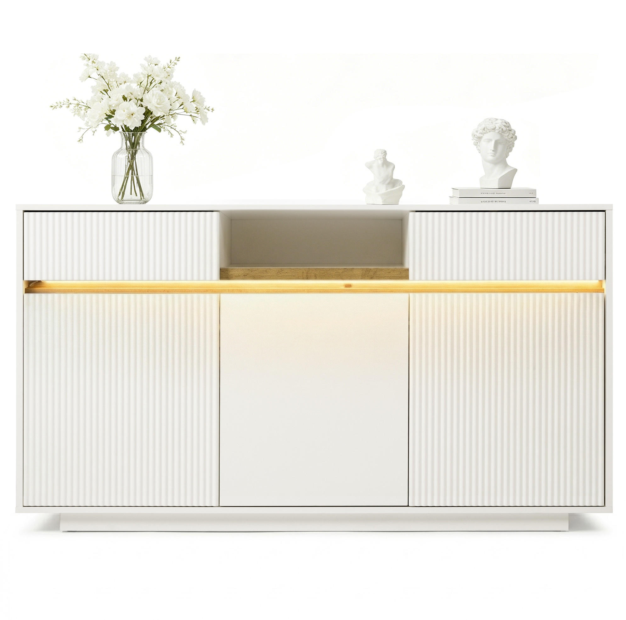 Modfu KOMODA z MDF a dřevotřísky 140x40x85 cm bílá s LED osvětlením, 2 zásuvkami a 3 dvířky
