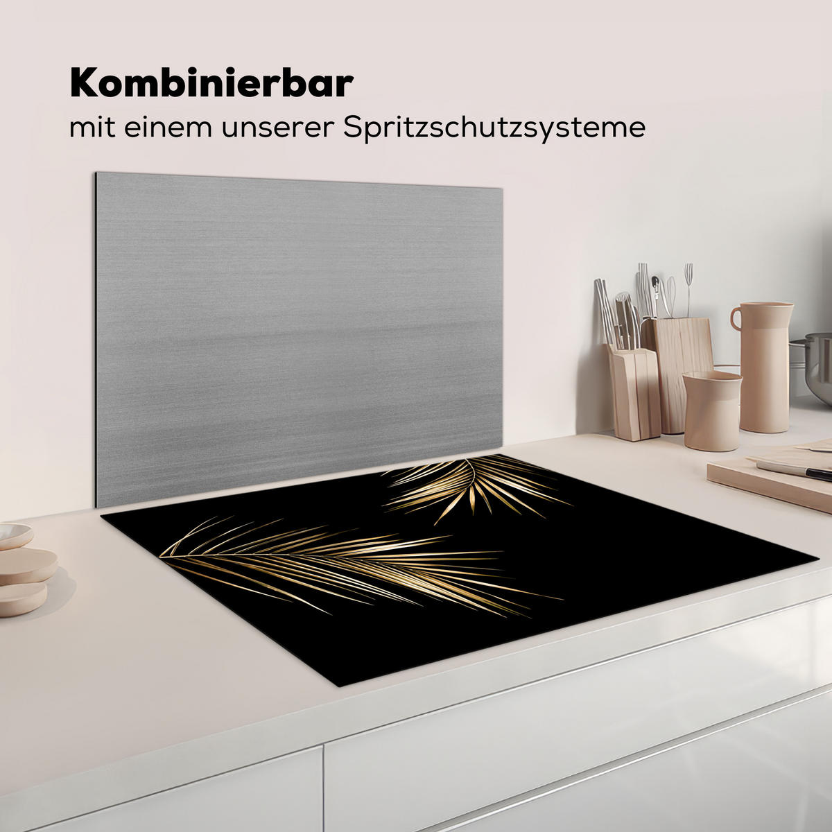 HERDABDECKPLATTE Blätter - Pflanzen - Gold - Schwarz - Luxus Induktionsmatte 77x59 cm - Goldfarben, Kunststoff (77/59/0.2cm) - MuchoWow