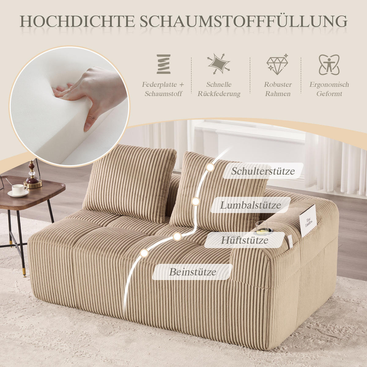 SOFA od samta, 158/93/61 cm kaki, s bočnim džepovima i držačima za piće - boje pijeska, tekstil (90/60/160cm) - BEAOK